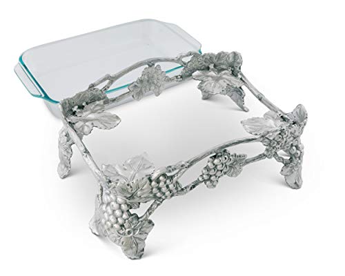 Arthur Court Metal Pyrex Glass Casserole Dish Holder Elevated Grape Pattern Sand Casted In Aluminum With Artisan Quality Hand Polished Design Tarnish-Free 15 Inch Long 3 Quart Removable Dish Included #TOP3
