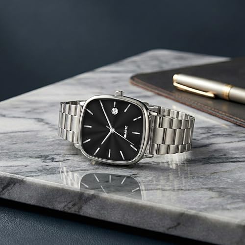 Image of Acnos Luxury Square Dial Quartz Watch for Men & Women - Stainless Steel Bracelet, Minimalist Analog Wristwatch with Date Window Pack of 1
