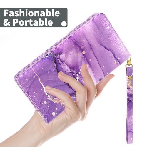 Nipichsha Womens Wallet, RFID Wristlet Wallet for Women, Cute Ladies Purse, Large Credit Card Clutch Purse, Leather Card Holder Wallets with Zipper & Phone Holder, Purple Gilt Marble2