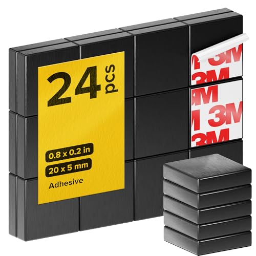 Strong Ceramic Square Magnets with Adhesive Backing (0.8x0.2/20x5mm, 24 pcs) - Heavy Duty Sticky Magnets, Non-Corrosive, Versatile for Home, Office, Workshop, Whiteboard, Fridge and Hobby Use