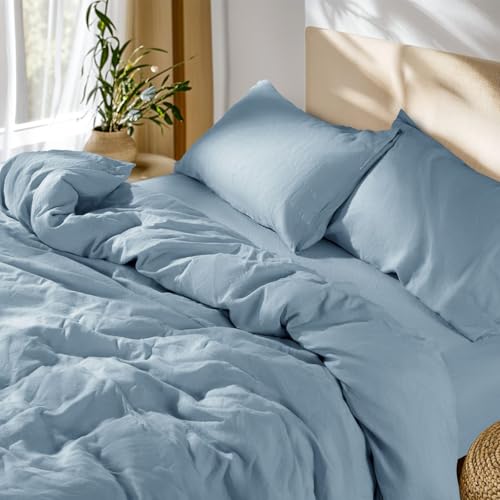 SONORO KATE 100% French Linen Duvet Cover King Size, Soft Breathable for Hot Sleepers, Moisture Wicking & Durable Cover Set - Zipper Closure & 4 Corner Ties Duvet Covers 3 Piece (Dusty Blue,King)