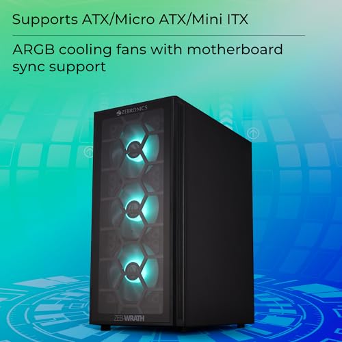 Image of ZEBRONICS Wrath Mid-Tower Premium Gaming Cabinet ATX /MicroATX /MINI ITX, 3X 120mm Front + 1x 120mm Rear Fan, Centre Glow ARGB Fans, RGB LED Modes, Tempered Glass Side Panel, USB 3.0