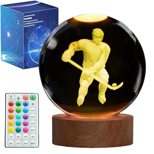 Image of Hockey Night Light, Ice Hockey Gifts, Hockey 3D Crystal Ball Night Light with Remote Upgraded 3.15 Inch Lamps with 16 Color for Birthday Xmas Cool Figurines Gifts for Room Decor Boys Girls