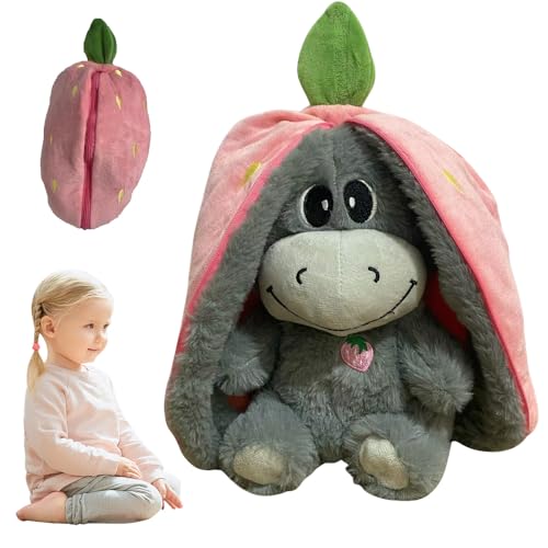 KBIBCK Atmendes Kuscheltier, Schlafender Plüsch Esel, mit Atembewegung, Musik und Warmes Licht, schlafotter für Kinder Erwachsene（Erdbeere）