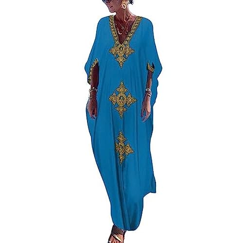 Bsubseach Gold Embroidery Long Kaftan Dresses V Neck Caftan Dress Beach Cover Ups for Women Embroidery W-cyan