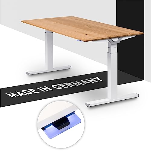 boho office® Höhenverstellbarer Schreibtisch 160 x 80 cm - Made in Germany, Elektrisch, 2 Motoren, 3-Fach Teleskop, Kollisionsschutz - Premium Line Weiß inkl. Tischplatte in Wildeiche massiv