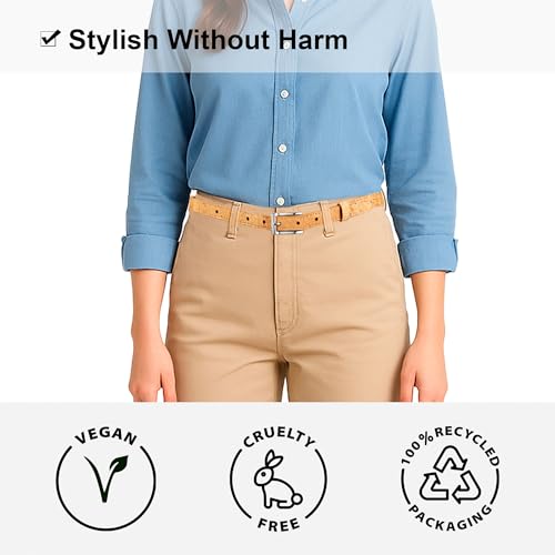 Women's Slim Cork Belt 20mm – Brown Strap with Silver Nickel-Free Buckle, Vegan, Lightweight, Adjustable Fit2