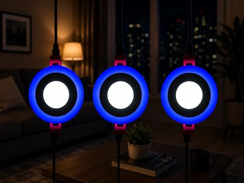 Image of OLIPS 6W (3+3) LED Ceiling Panel Down Light | Dual Color Change by On /Off Switch | Fan Box POP Decorative LED | White Center & Color Ring Design (Blue, 3)