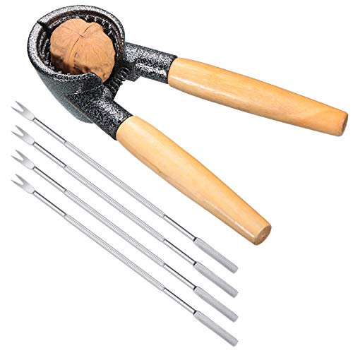 Patelai Pecan Nut Cracker with 4 Pieces Picks Heavy Duty Spring Loaded Nutcracker Pecan Walnut Plier Opener Tool Walnut Cracker with Non-Slip Wooden Handle