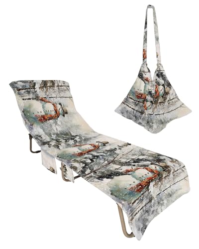 Forest Snowman Beach Chair Towel Covers for Chaise Lounge With Side Pocket, Soft Plush Pool Towels Cover for Patio Sunbathing Outdoor 29''x85'' Christmas Winter Snowy Tree