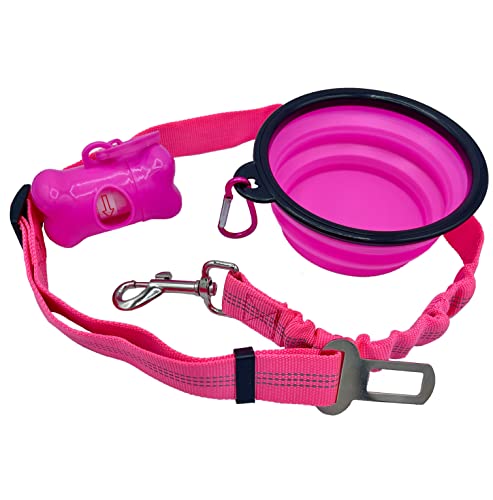 RIGIARILOO - Kit Viaggio per Cani e Gatti: Cintura Sicurezza Auto Rosa, Ciotola Pieghevole, Porta Sacchetti Guinzaglio - Set 3 Accessori Essenziali