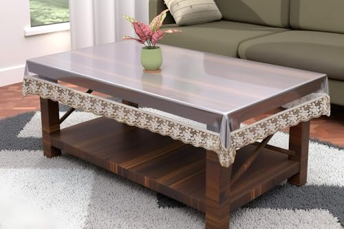 Image of The Furnishing Tree Rectangle Shaped Center Transparent Table Cover WxL 40x60 inches 0.25 mm Thickness with Golden Lace