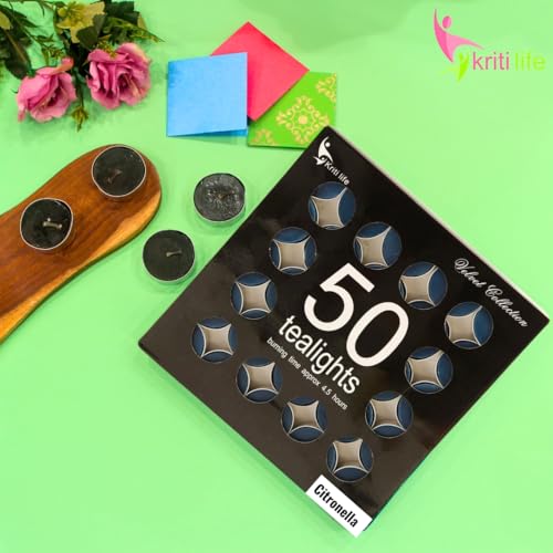 Image of Kriti Life Citronella Scented Tealight Candles - 100% Paraffin Wax, Smokeless, Long Burn Time (4.5 Hours), Dripless Blue Candles for Home Decor, Diwali, Weddings & Meditation - Set of 50