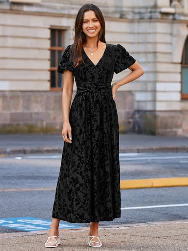Image of Simplee Women's Velvet Maxi Dress V Neck Short Sleeve Empire Waist Semi Formal Long Cocktail Dresses