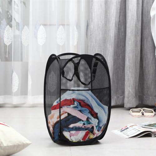 Image of Larpur Popup Mesh Laundry Basket, Collapsible and Portable Clothes Washing Laundry Hamper with Reinforced Carry Handle (Black 2pcs)