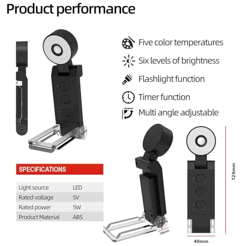 Image of Thclmdse Rechargeable Book Light, Bookmark Light,Reading Light for Book in Bed, USB Rechargeable LED Night Light with 5 Color temperatures and 6 Brightness Levels (Black)