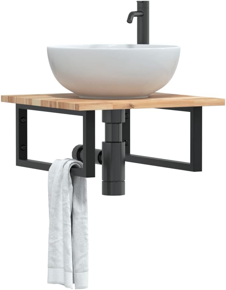 Wall Mounted Basin Shelf, Steel Frame & Solid Acacia Wood Countertop, 50x50cm Floating Vanity for Bathroom Storage, Modern Design