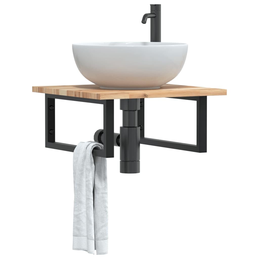 Scaffale per lavandino, montaggio a parete, in acciaio e legno di acacia massiccio, 50 x 50 cm, con supporti rettangolari, ripiano salvaspazio per mobili da bagno e lavabo, portata fino a 100