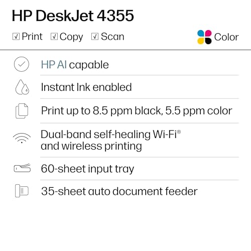 Image of HP DeskJet 4355 Wireless All-in-One Color Inkjet Printer, Scanner, Copier, Best-for-Home, 3 Month Trial of Instant Ink Included, AI-Capable (AJ4Y0A)