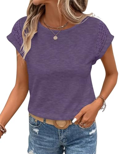 Image of Bliwov Womens Tops Lace Cap Sleeve T Shirts,Cute Trendy Casual,Beach Vacation Outfits,Summer Spring Fashion Clothes