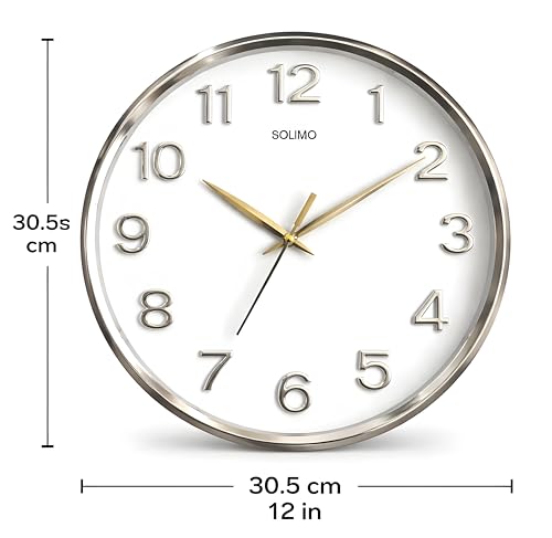 Image of Amazon Brand - Solimo 12 Inches Silent Wall Clock for Living Room Bedroom Office Plastic Easy to Read 3D Numbers Modern Stylish Sweep Movement Wall Clock for Home 1603DX (Silver)