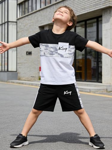 Image of Size 6-12 Years Boys Summer Outfits Set Kids Short Sleeve Top T-Shirt & Shorts Color Block Clothing Sets