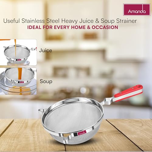Image of Amanda Stainless Steel Juice & Soup Strainer | Heavy Duty Soup & Liquid Filter | 304 Grade Fine Mesh Chalni | Red Handle Kitchen Strainer for Soup & Juice (Set of 2 (No 6 & 7))