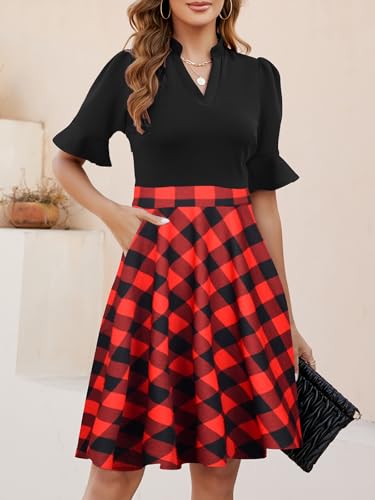 Image of Mokayee Womens Summer V Neck Ruffle Short Sleeve Fit and Flare Knee Length Church Wedding Guest Dresses with Pockets