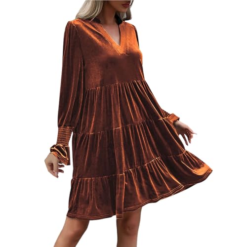 Damen Kleider Langarm Elegant Samtkleid V-Ausschnitt Rüschen A Linien Kleid Elegantes Vintage Rüschen Langen Ärmeln Lagenkleid Fließendes Swing...