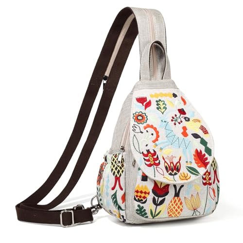 Image of SILKAREA Vintage Embroidered Floral Ethnic Backpack for Women Handbag Shoulder Bag Mini Travel Purse (Embroidered White)