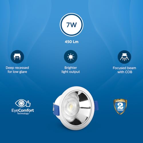 Image of Philips 7 Watt Chrome Reflector LED Ceiling COB Round Spot Light with Focused Beam | Cut Out: 75mm | Natural White, Pack of 24 (Deco Bright)