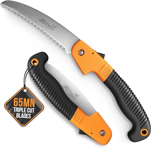 Image of JD FRESH Folding Hand Saw for Wood Cutting, 7.5 Inch 65Mn High Carbon Steel Triple Cut Blade for cutting, pruning, camping, gardening and Outdoor Use, Safety Lock, Anti Slip Handle, Black & Orange
