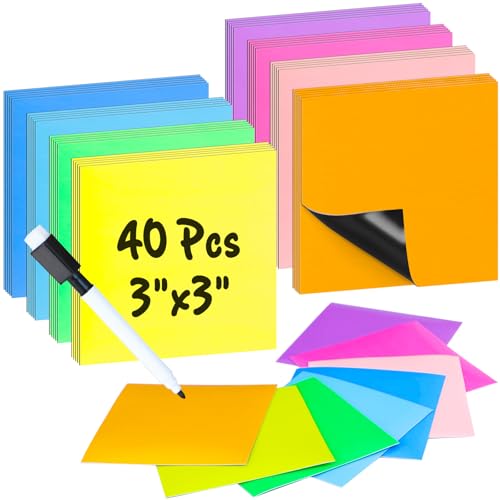 40 Pcs 3" x 3" Reusable Magnetic Sticky Notes Dry Erase Magnet Sh...
