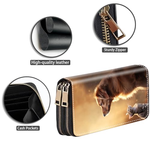 Cat and Dog Print Wallet for Women with Credit Card Holder Coin Money Clip PU Leather Double Zip Around Clutch Wallet4