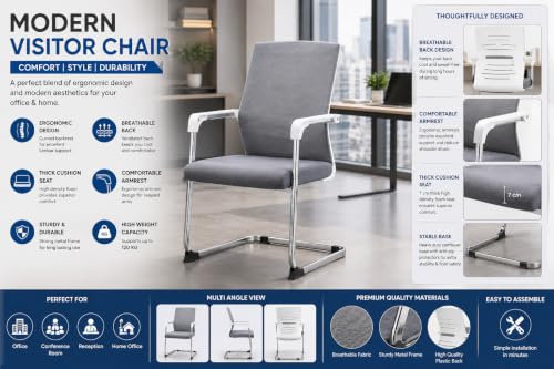 Image of TOBY Set of 2 Ergonomic Visitor Chairs with Lumbar Support, Breathable Mesh Back, Cushioned Seat & Chrome Frame - Modern Office /Reception Chairs with Armrests (Grey)