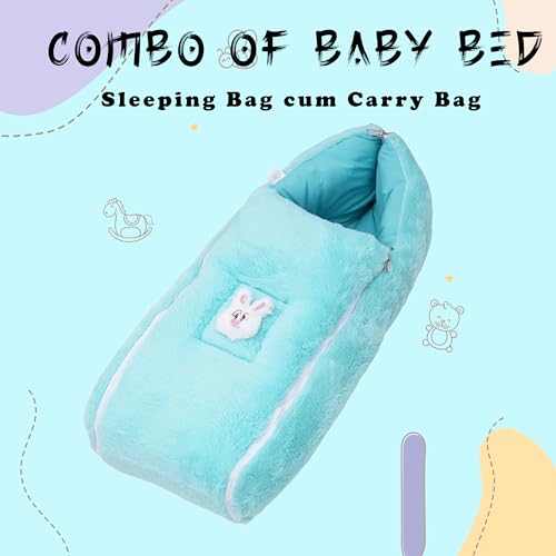 Image of VoiDrop Baby Carry Bed Cum Sleeping Bag 2 in 1 for New Born Babies (0-12 Months) Baby Fur Material Portable Travelling Bed for Infants (Velvet-Sea Green)