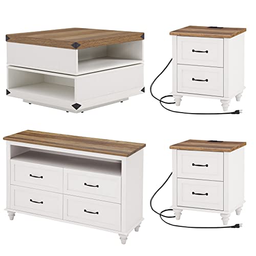 Wampat 4 Piece Living Room Table Sets, Coffee Table With Rotating Tabletop, White Dresser With 4 Drawer For Bedroom With Led Light, Set Of 2 End Tables With Charging Station, 4 Piece Living Room Set #TOP2