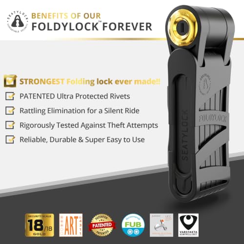 Image of FoldyLock Forever Folding Bike Lock - Patented Sleek High Security Sold Secure Gold Bicycle Lock - Heavy Duty Anti Theft Smart Guard with Keys - 90cm | Lightweight Sleek 18 /18 High Security Bicycle Lock, Sold Secure Gold, Heavy Duty Anti Theft Smart Guard, Case Mount Included