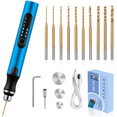 3-Speed Cordless Mini Drill Pen With 10 Small Drill Bits Rechargeable Electric Hand Drill Pin Vise Resin Drill Set For Jewelry Making Resin Plastic Wood Keychains DIY (BLUE)