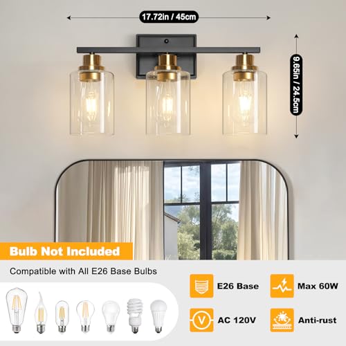 Image of Unicozin 3 Light Bathroom Light Fixtures, Modern Vanity Lights Over Mirror, Black and Gold Wall Lamp with Clear Glass for Living Room Cabinet Bedroom Porch