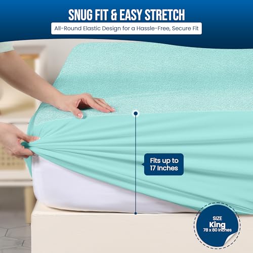Utopia Bedding Waterproof Mattress Protector King Size, Premium Terry Mattress Cover 200 GSM, Breathable, Fitted Style with Stretchable Pockets (Spa Blue)