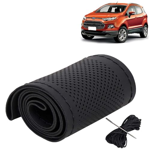 Image of KINGSWAY PU Leatherite Car Steering Cover Sewable Compatible with Ford Ecosport (Year 2012-2016), Black Color with Black Thread, Pack of 1 with Sewing Needle and Thread