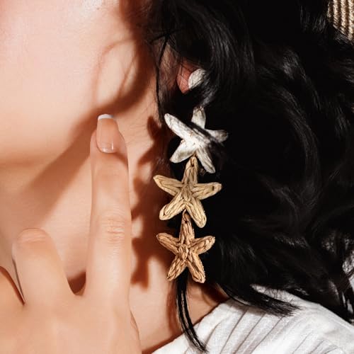Boho Raffia Earrings Starfish Shell Seashell Dangle Drop Earrings Cute Statemnet Trendy Summer Beach Jewelry for Women4