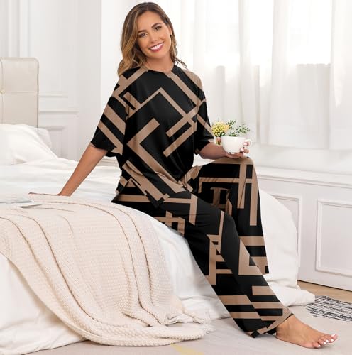 Image of PrinStory Womens Pajamas Sets 2 Piece Lounge Set Short Sleeve Tops and Long Pants Soft Pjs Loungewear with Pockets