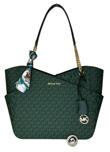 Michael Kors Women's Jet Set Travel Large Chain Shoulder Bag bundled with Michael Kors Purse Hook and Skinny Scarf (Signature MK Racing Green) Michael Kors Women's Jet Set Travel Large Chain Shoulder Bag bundled with Michael Kors Purse Hook and Skinny Scarf (Signature MK Racing Green)