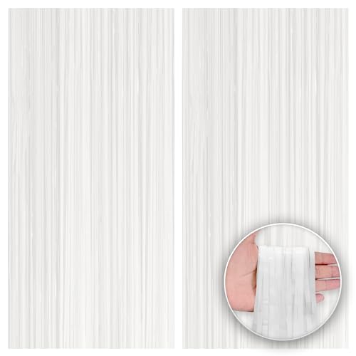 Image of KatchOn, White Foil Fringe Curtain - XtraLarge 3.2x8 Feet, Pack of 2 | Fringe Backdrop for Party Decorations | White Backdrop for Bridal Shower, Baby Shower, Anniversary, Wedding Decorations