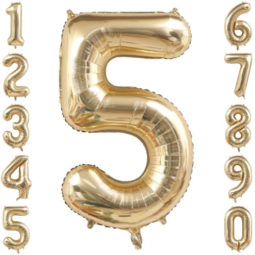 White Gold Number 5 Balloon 40 Inch, Metallic Foil Numeral for Event Decor
