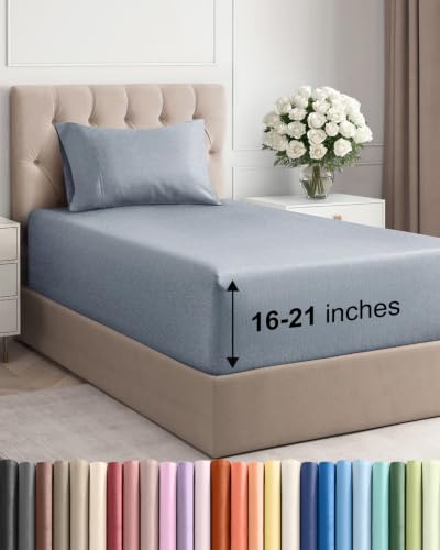 Image of Extra Deep Pocket Twin XL Sheet Set - Breathable & Cooling - Heathered Blue
