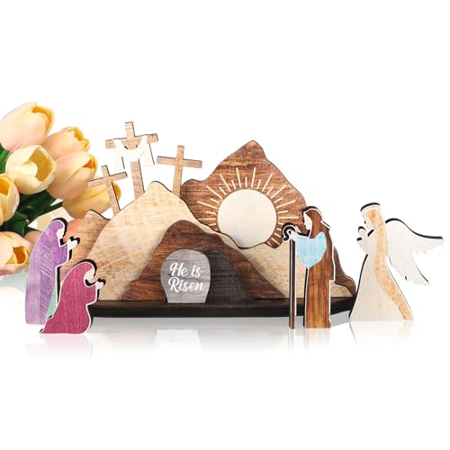 Lineshading Easter Scene Wooden Decoration Easter Resurrection Scene Set Decor Religious Nativity Christian He Is Risen Cross Figurine Table Ornament for Home Office Decoration Gift