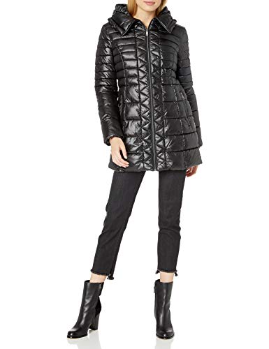 Kenneth Cole New York Women's 3/4 Zip Front Lightweight Puffer with Hood, Black, X-Large